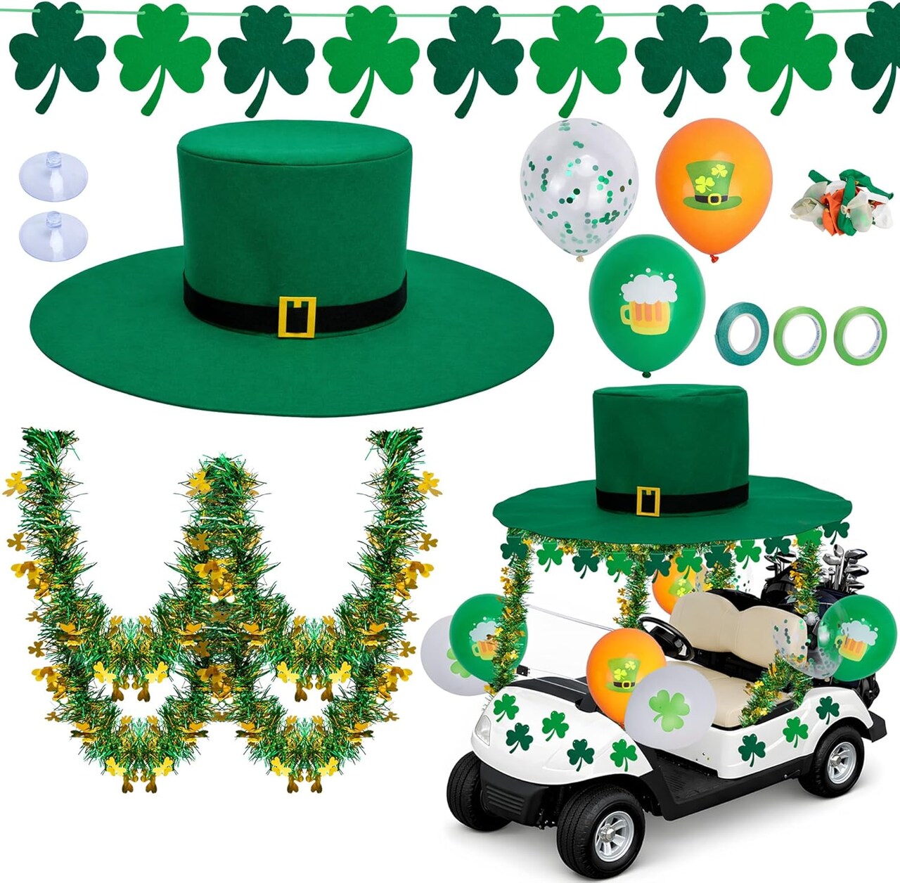 19 Pcs St. Patrick’s Day Parade Car Decoration Kit – Giant Hat, Shamrock Banner & Balloons – St. Patricks Party Supplies